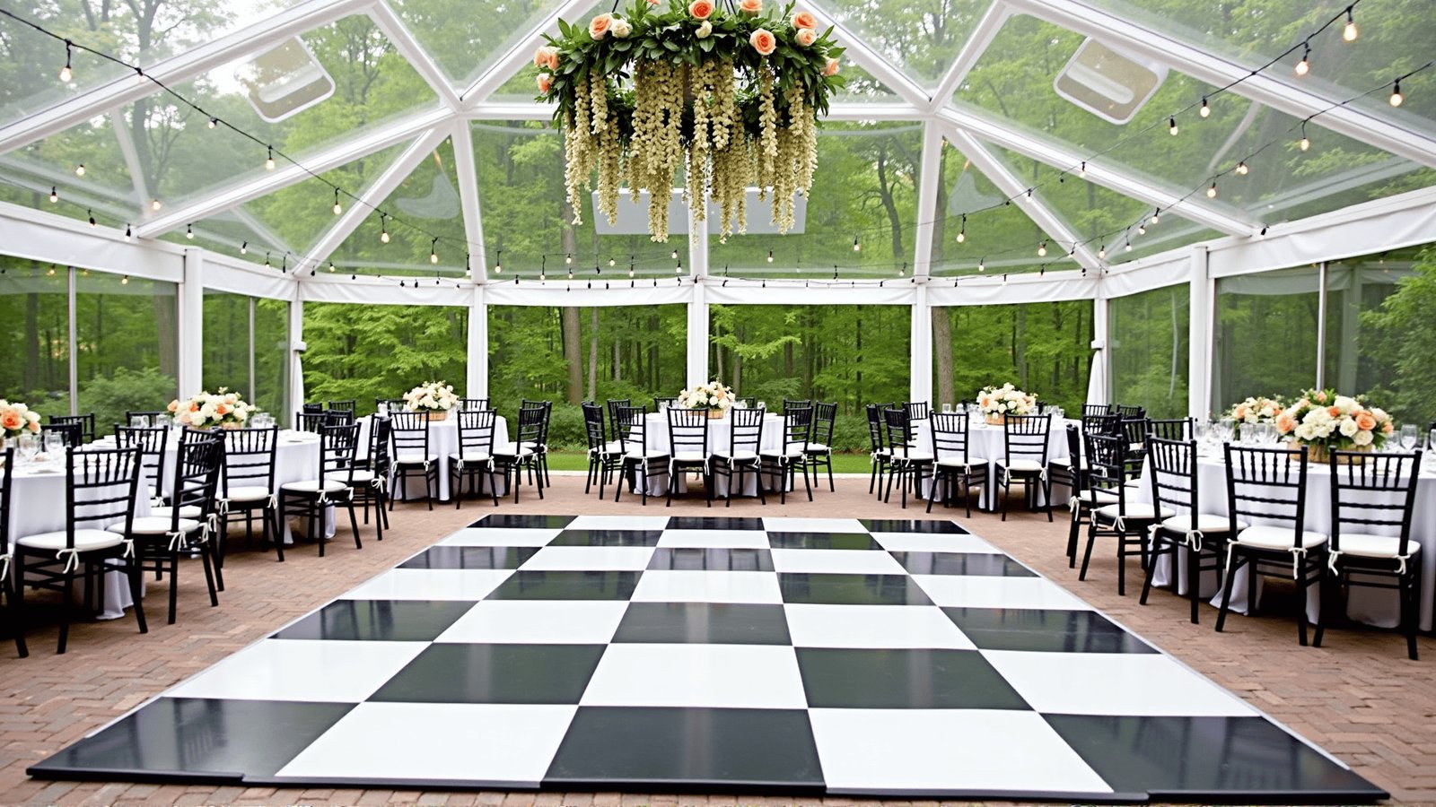 Checkered dance floor set up at a tented reception for a Los Angeles event