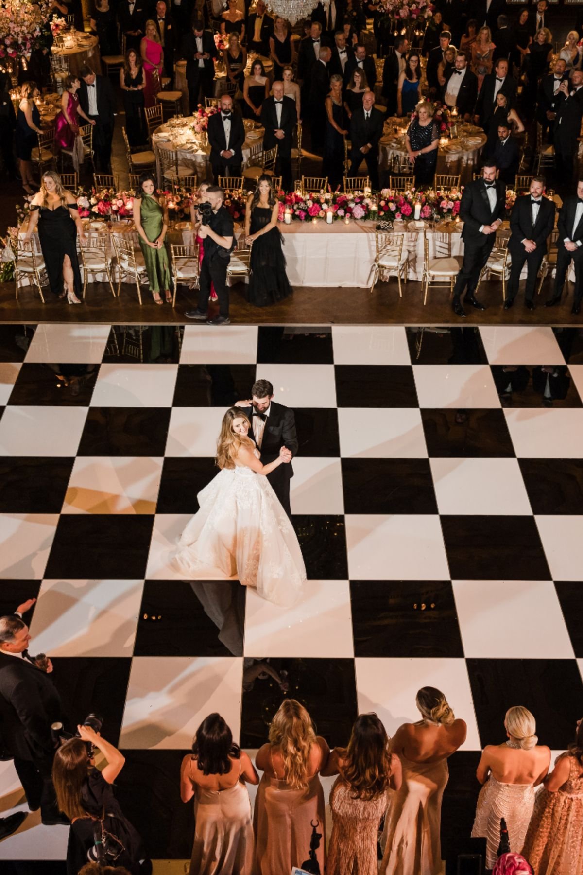 Black and white checkered dance floor set up at a unique Los Angeles event venue