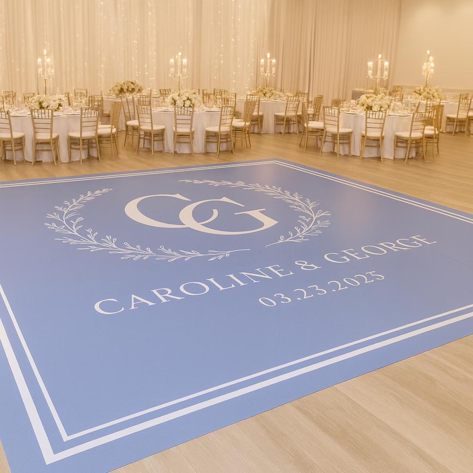 Custom printed vinyl dance floor design at a Los Angeles event